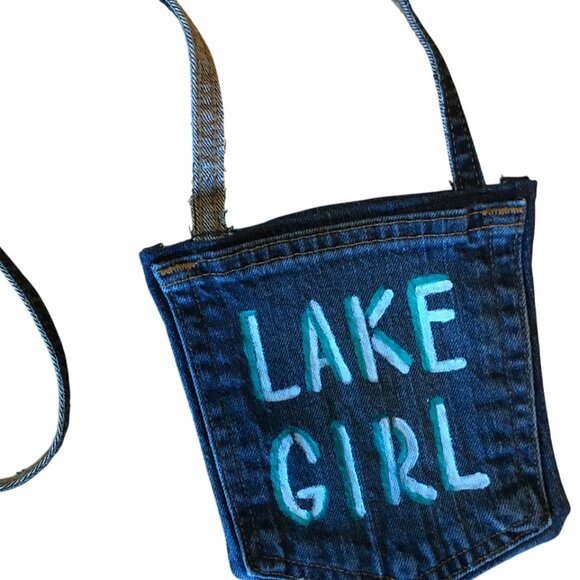 Handmade Crossbody Cell Phone Bag: Lake Girl Theme, Recycled Denim Jean Purse - Picture 2 of 9